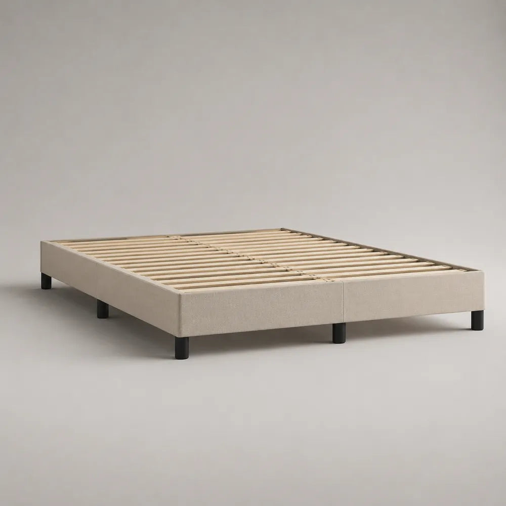 Cadre de lit rectangulaire tissu polyester bouclé beige avec sommier à lattes 160 x 200 cm