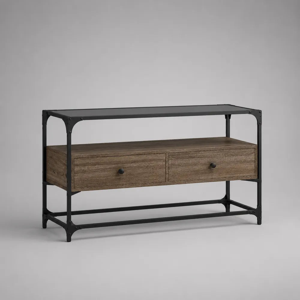 Meuble TV rectangulaire en MDF effet bois marron avec cadre en acier noir et tiroirs 160 x 40 x 75 cm