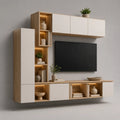 Meuble TV mural beige et blanc en MDF avec rangements portes niches et éclairage LED 300x40x200 cm
