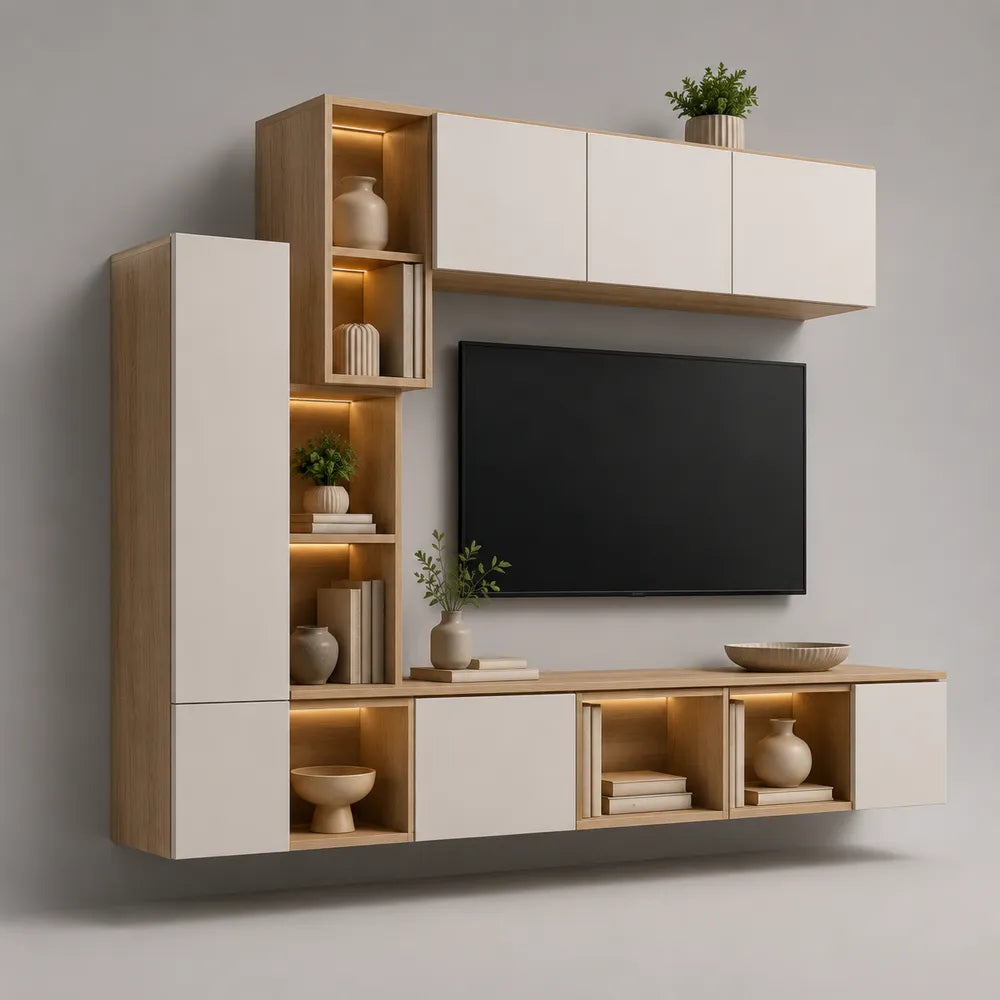 Meuble TV mural beige et blanc en MDF avec rangements portes niches et éclairage LED 300x40x200 cm