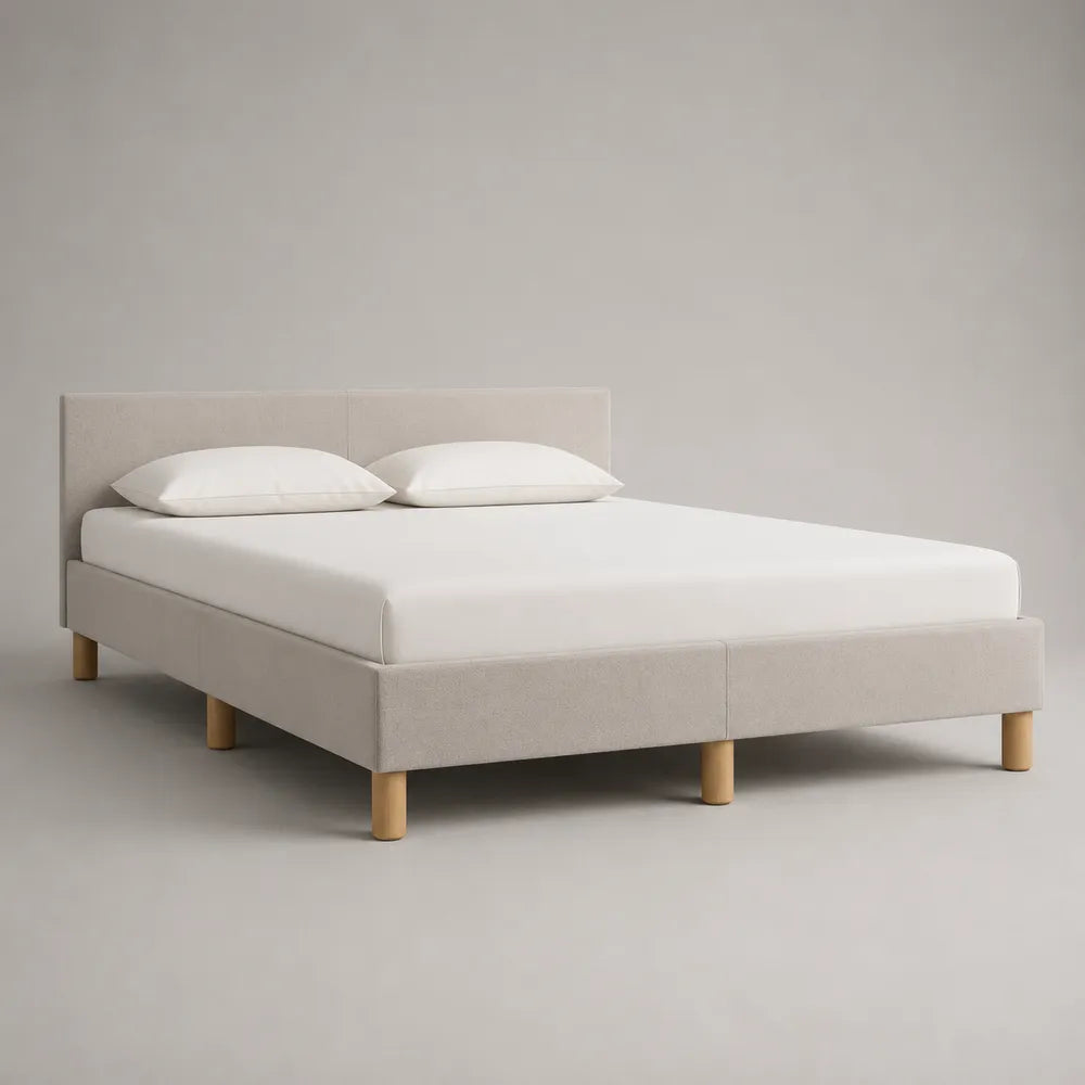 Lit double rectangulaire tissu polyester beige avec tête de lit rembourrée 160 x 200 cm