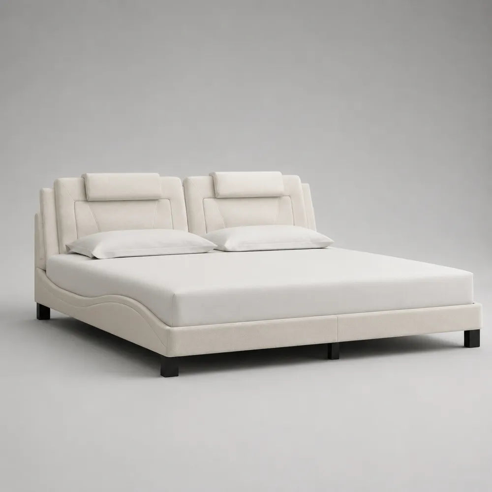 Lit double rectangulaire rembourré tissu polyester blanc avec tête de lit capitonnée 160 x 200 cm