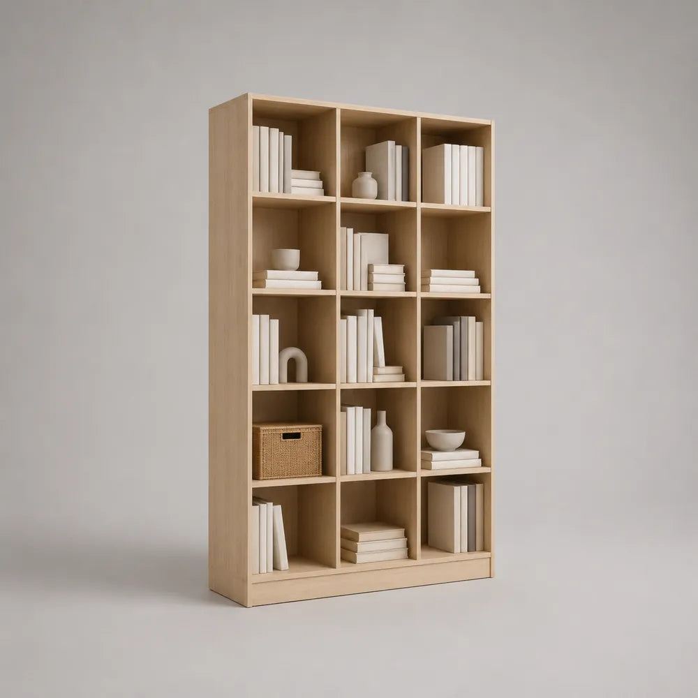 Bibliothèque rectangulaire MDF effet chêne naturel avec 15 compartiments ouverts 120 x 35 x 200 cm