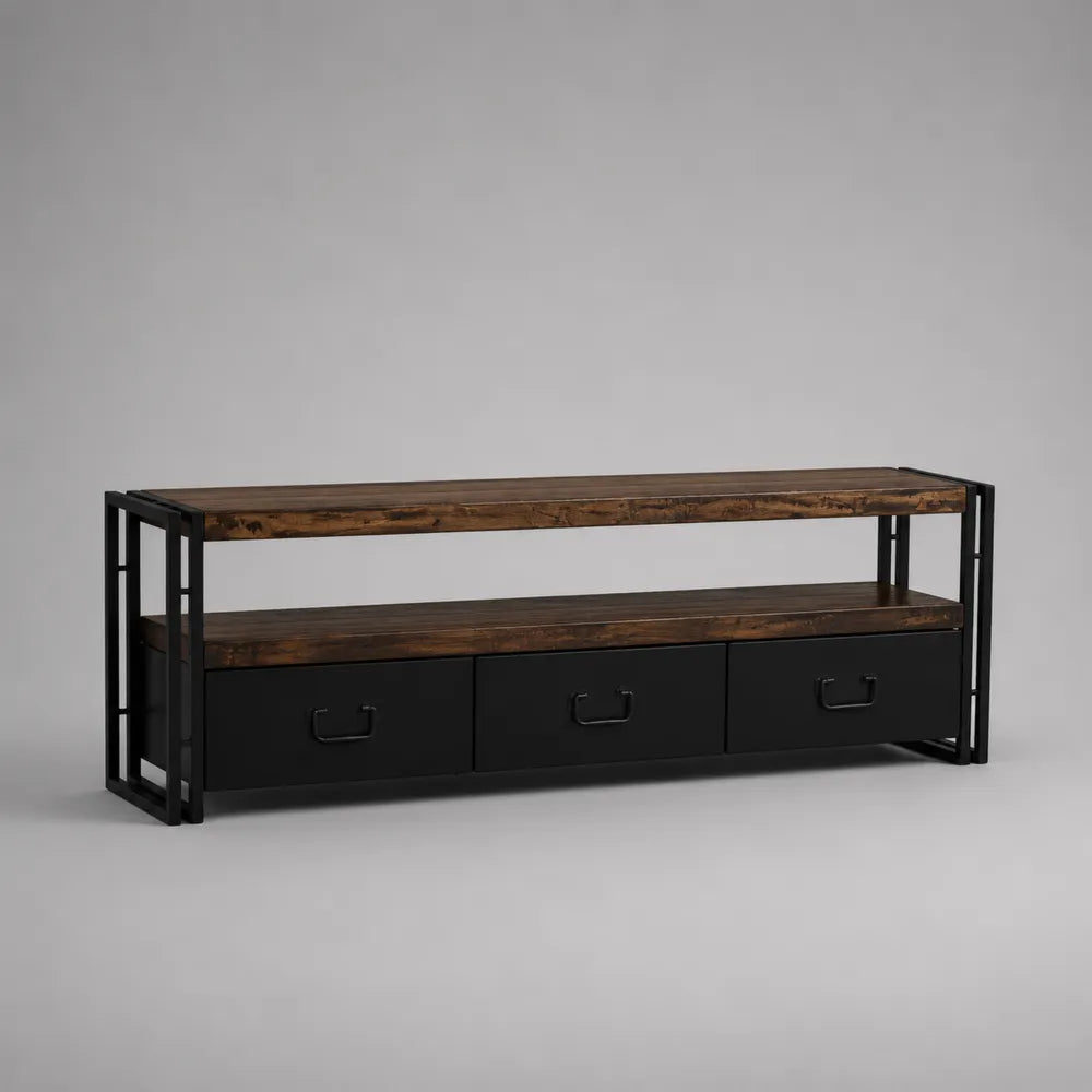 Meuble TV industriel marron et noir en MDF avec tiroirs et étagère 180x40x55 cm
