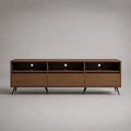 Meuble TV marron en MDF avec trois tiroirs et niches ouvertes pieds en acier noir 220x40x55 cm