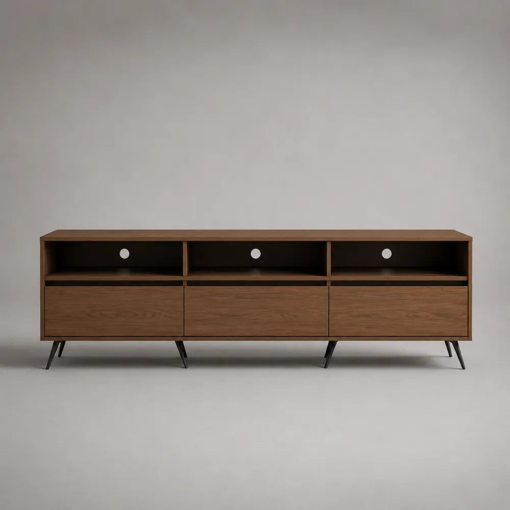 Meuble TV marron en MDF avec trois tiroirs et niches ouvertes pieds en acier noir 220x40x55 cm