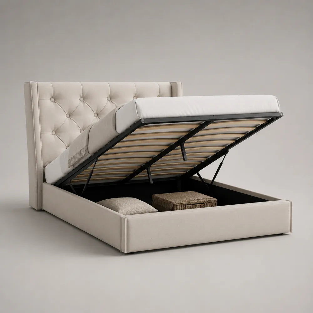 Lit double coffre avec sommier relevable et tête de lit capitonnée en tissu polyester beige 160 x 200 cm