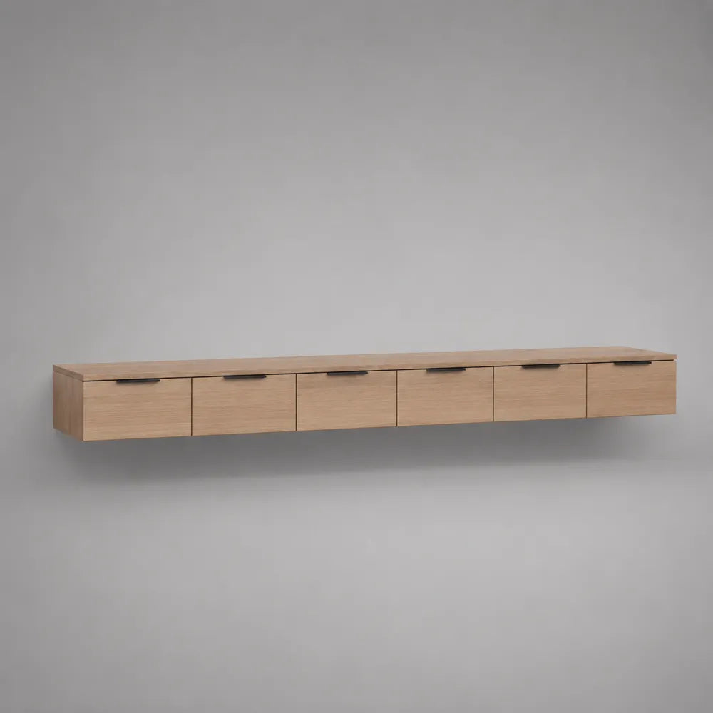 Étagère murale chêne clair en MDF avec 6 portes de rangement 240x35x30 cm
