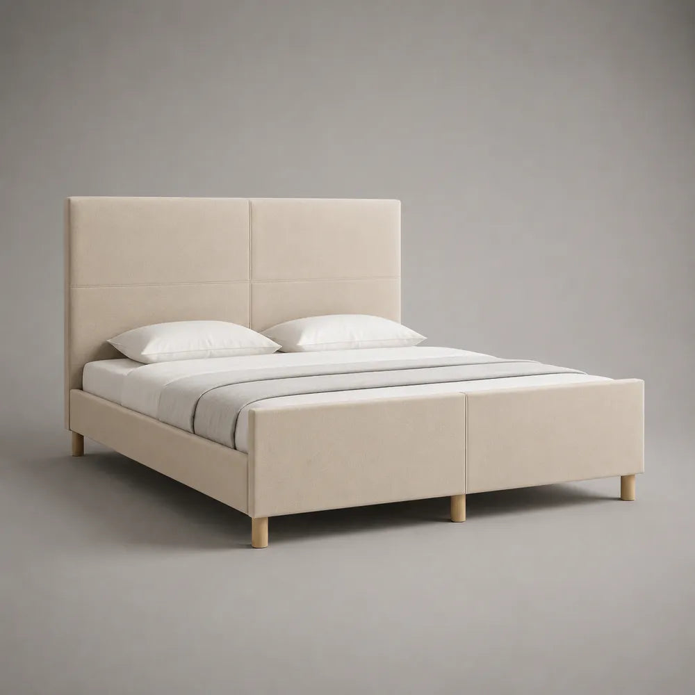 Lit double rectangulaire rembourré tissu polyester beige avec tête de lit capitonnée 160 x 200 cm