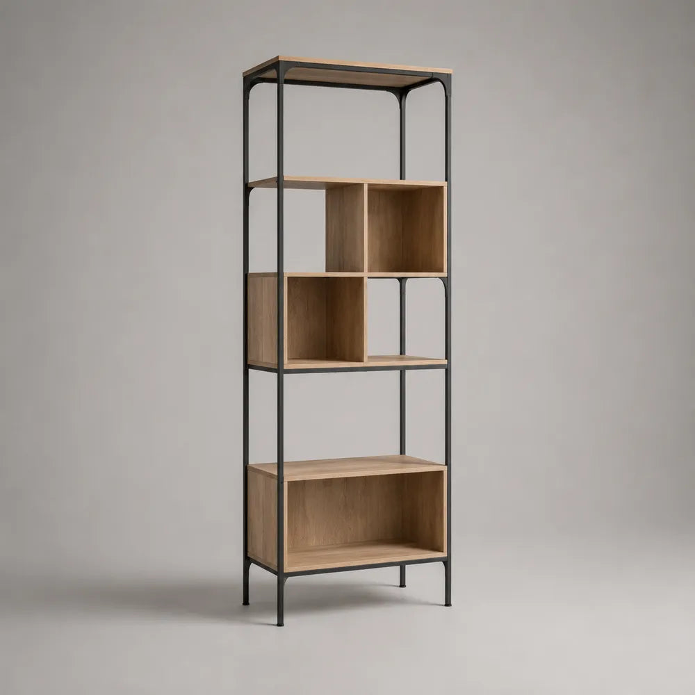 Bibliothèque étagère rectangulaire en MDF effet bois naturel avec structure en acier noir 80 x 35 x 200 cm