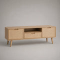 Meuble TV beige en MDF avec portes cannage tiroir et niche ouverte pieds en bois 180x40x55 cm