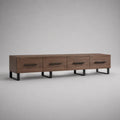 Meuble TV bas rectangulaire en MDF effet noyer marron avec 4 tiroirs et pieds en acier noir 240 x 40 x 45 cm