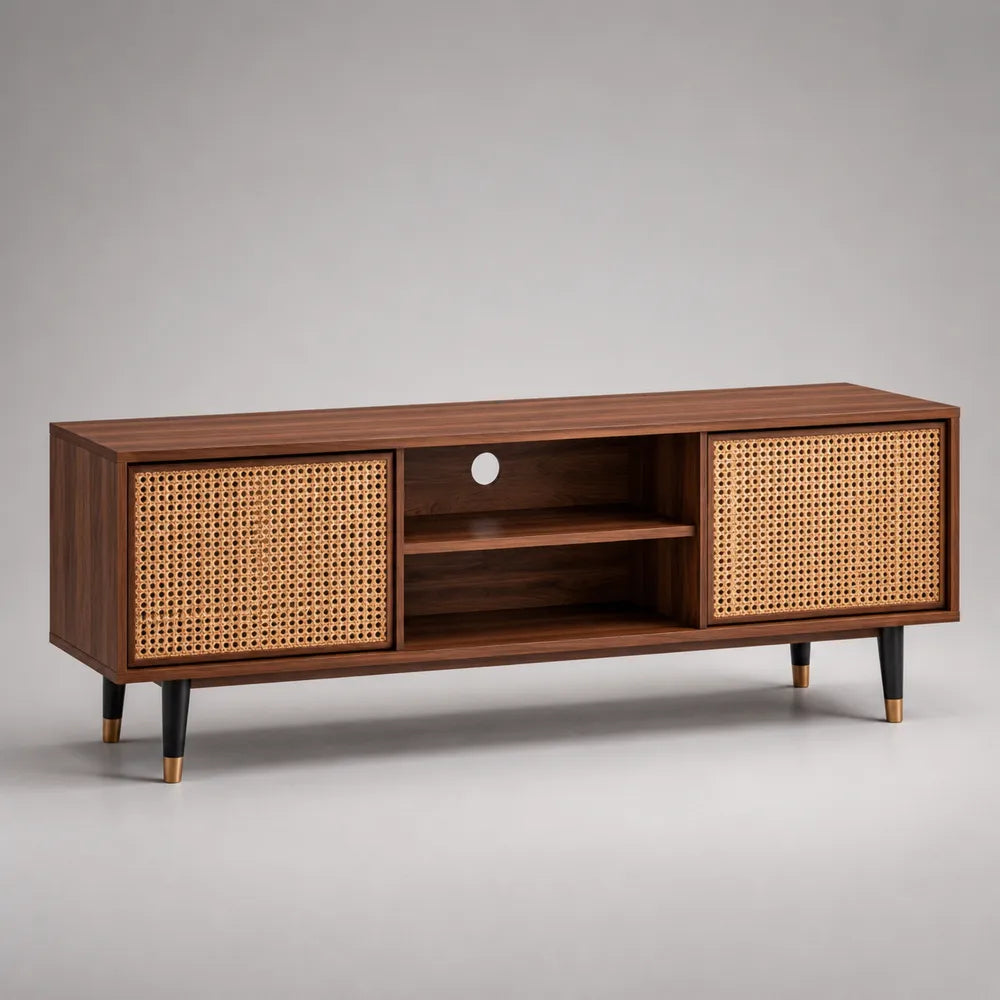 Meuble TV bas en MDF effet noyer avec portes cannage et pieds en acier noir 200 x 40 x 55 cm
