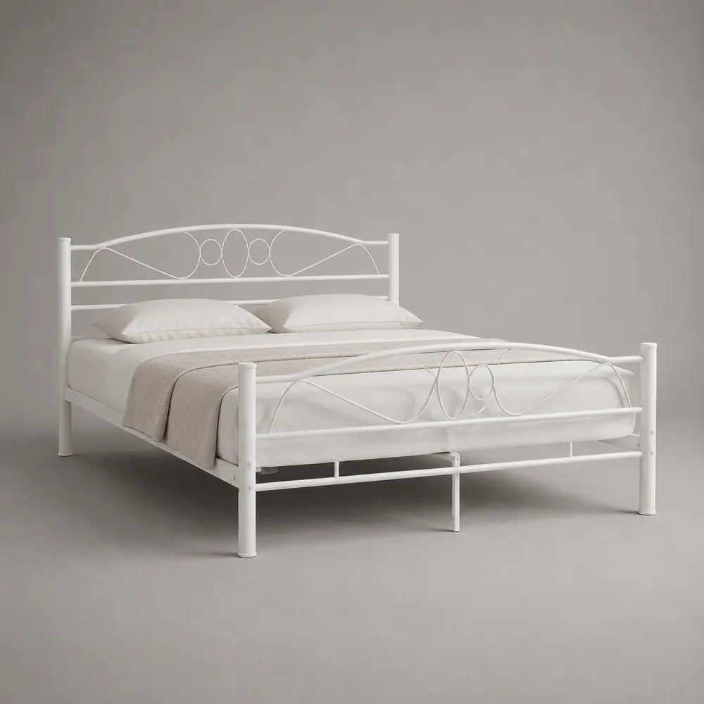 Lit double cadre de lit en acier blanc avec tête et pied de lit décoratifs 160 x 200 cm