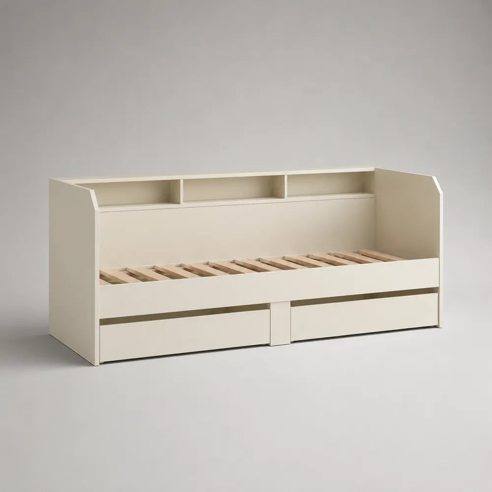 Lit enfant rectangulaire MDF blanc avec tiroirs de rangement et étagère 90 x 200 cm