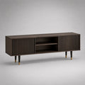 Meuble TV 200 cm en MDF effet noyer foncé avec portes rainurées et pieds en acier noir forme rectangulaire