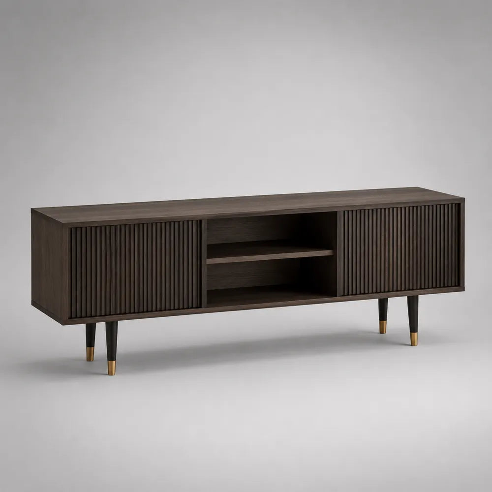 Meuble TV 200 cm en MDF effet noyer foncé avec portes rainurées et pieds en acier noir forme rectangulaire