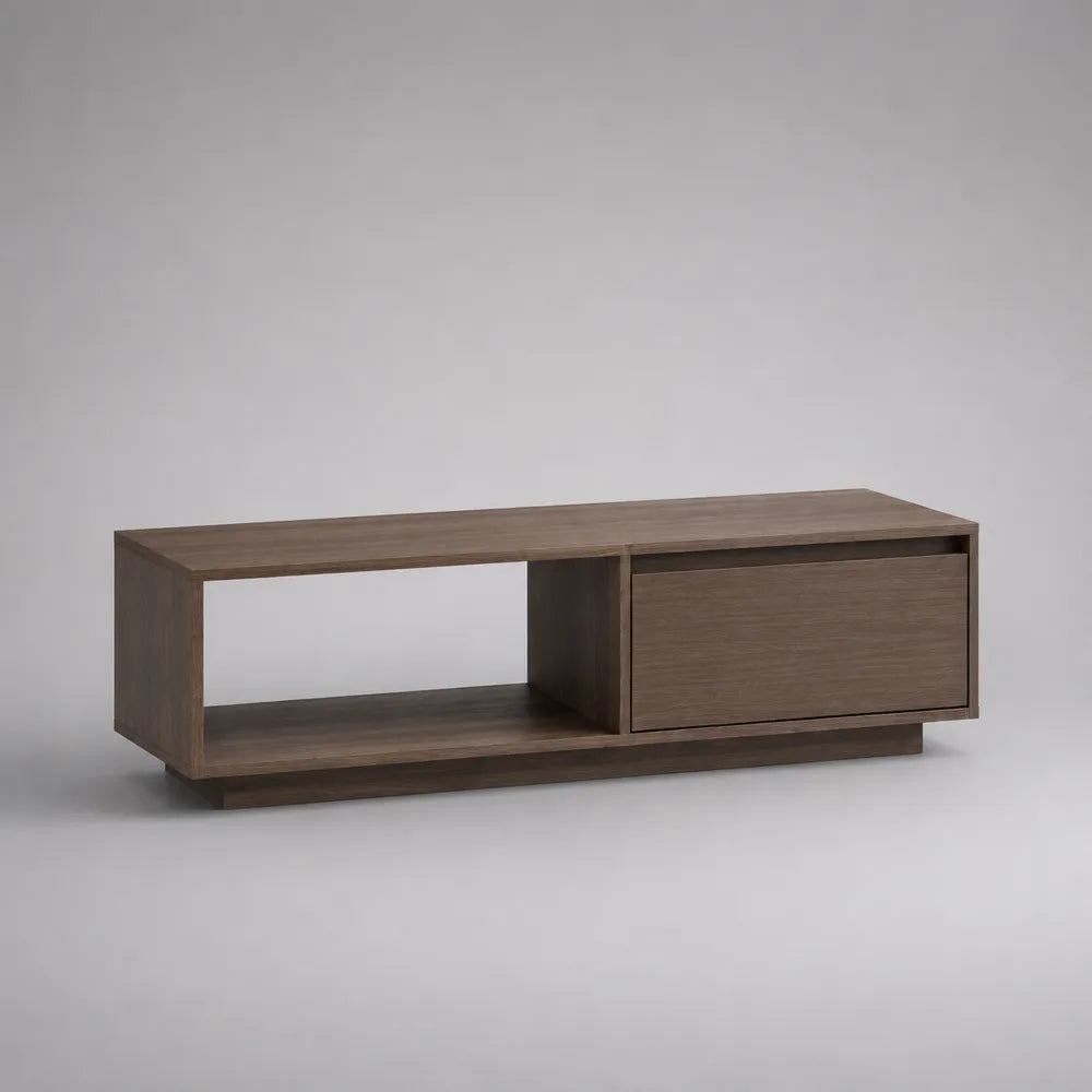 Meuble TV marron en MDF avec porte fermée et niche ouverte socle intégré 180x40x45 cm