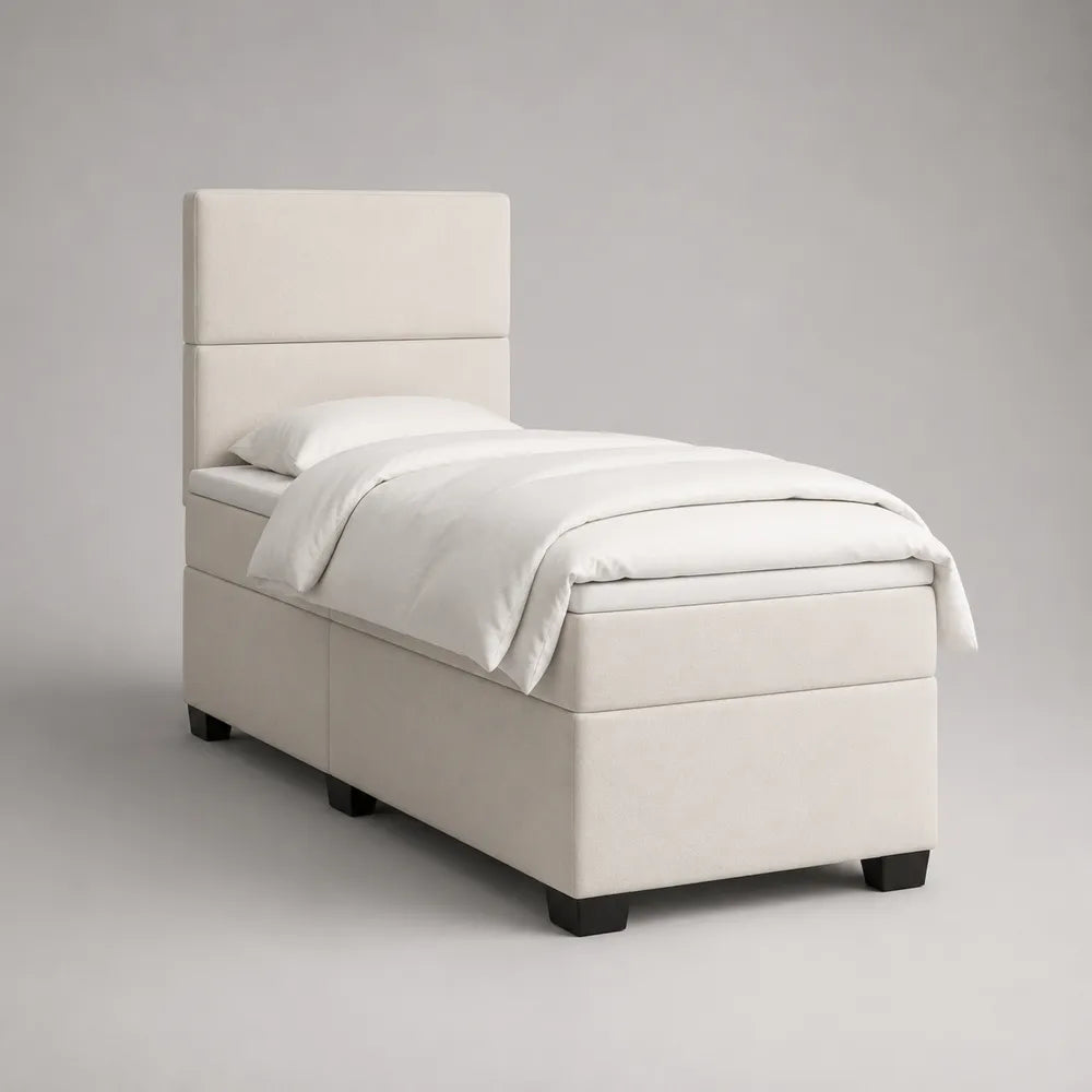 Lit coffre une place rectangulaire tissu polyester blanc cassé avec tête de lit rembourrée 90 x 200 cm