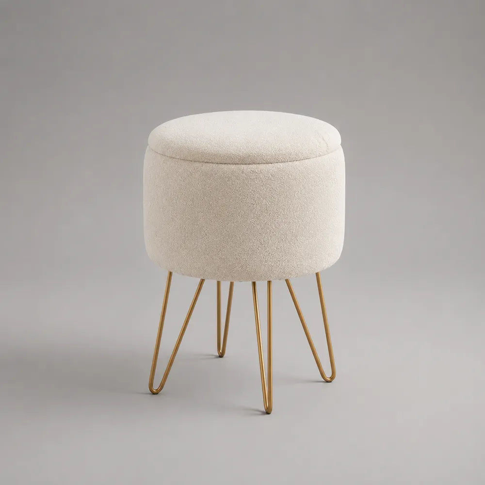 Pouf rond beige en tissu polyester bouclé avec pieds en acier doré 45x45x45 cm