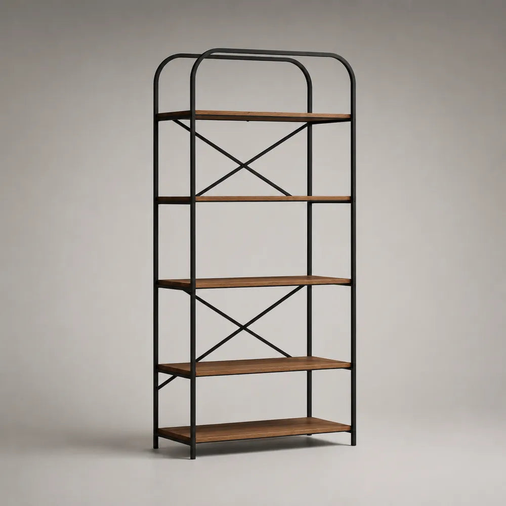 Bibliothèque étagère ouverte en acier noir et panneaux décor bois marron 100 x 35 x 180 cm