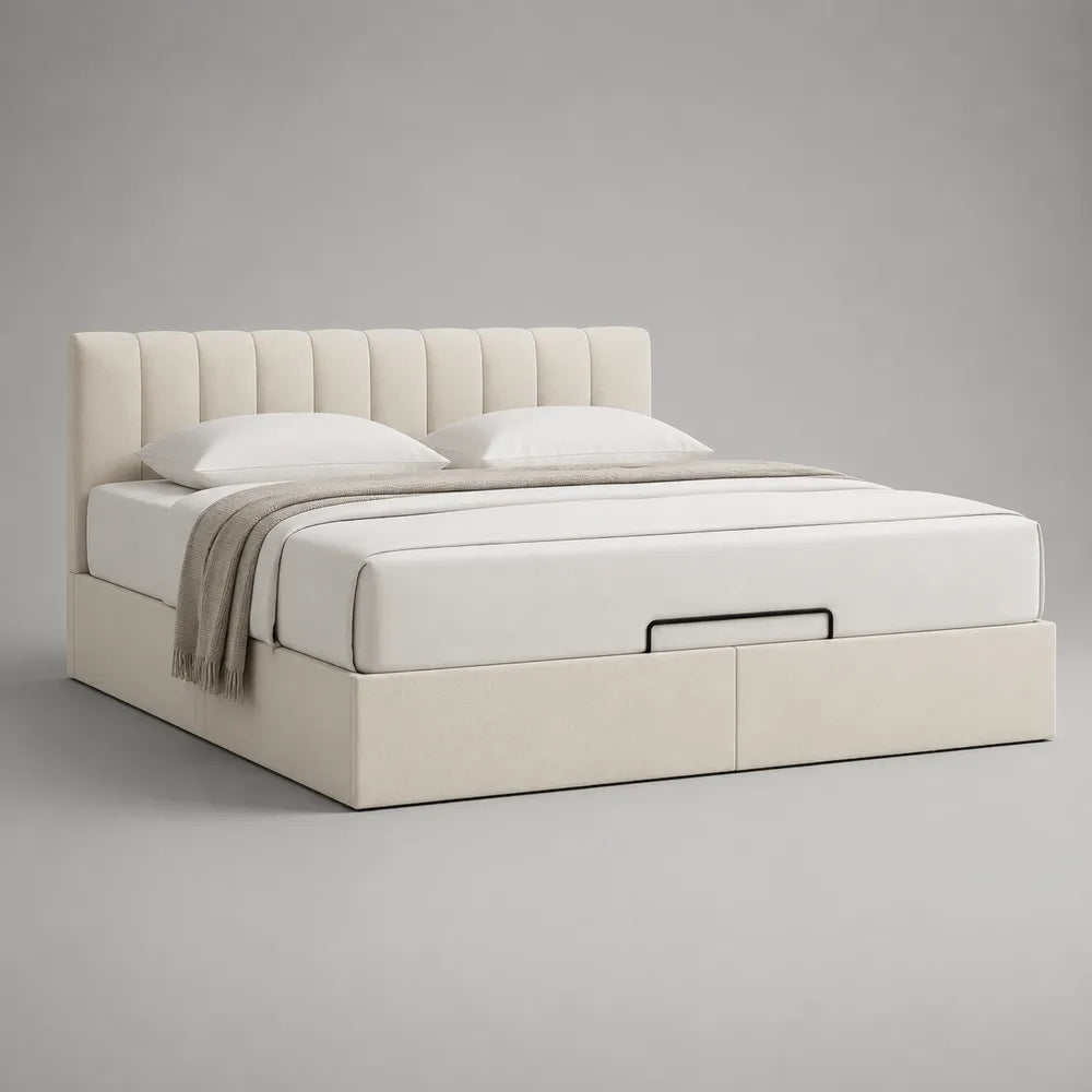 Lit coffre double rectangulaire rembourré tissu polyester blanc avec tête de lit capitonnée 160 x 200 cm