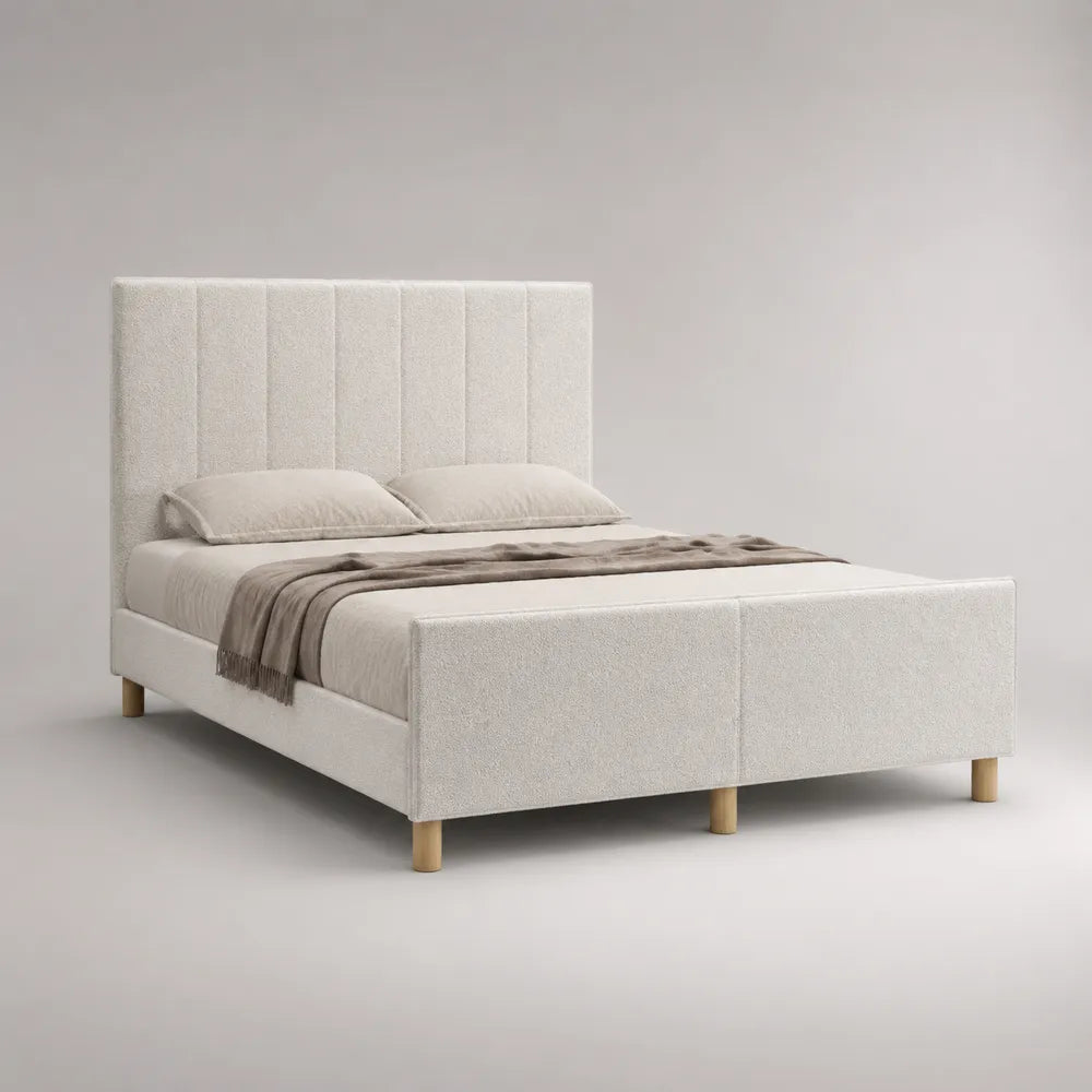 Lit double rembourré en tissu polyester blanc avec tête de lit verticale 160 x 200 cm